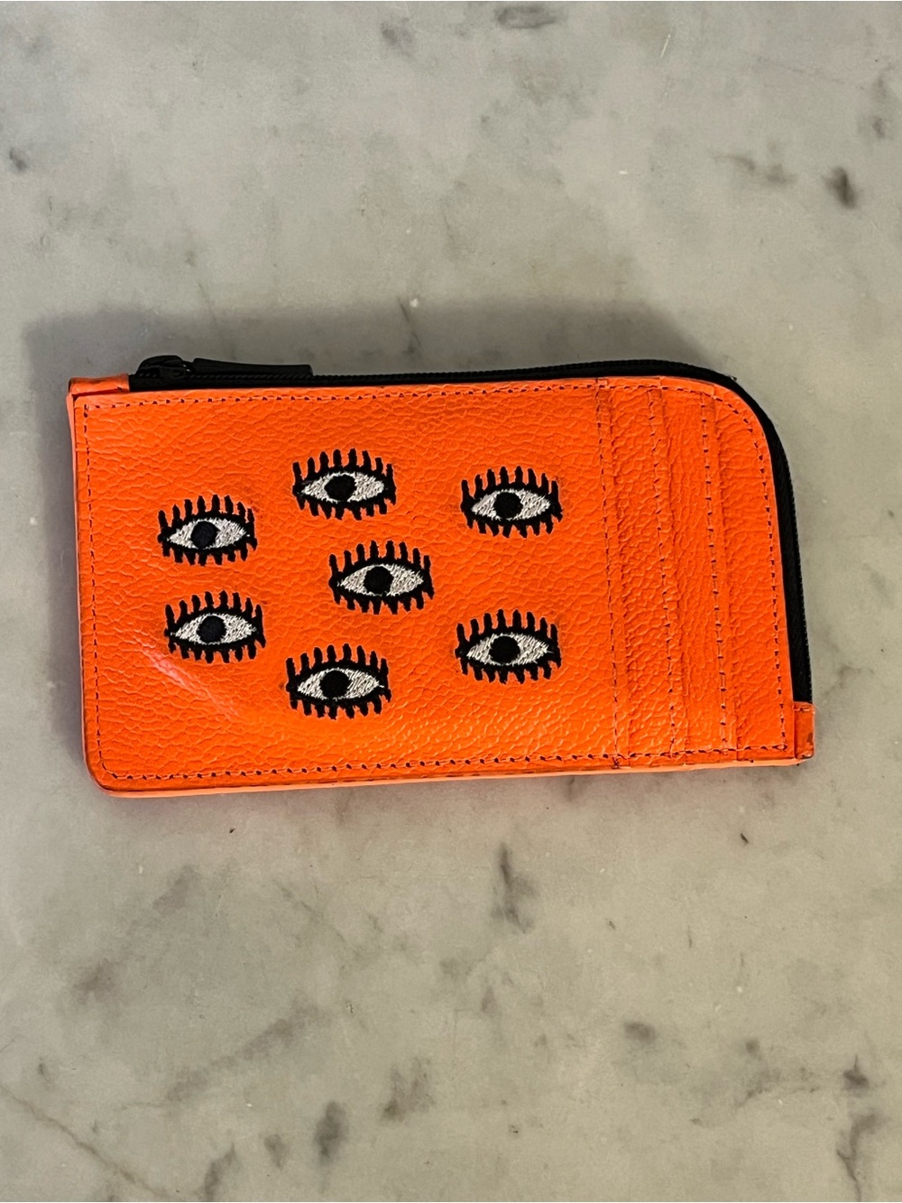 Min & Mon Zip-Around Leather Cardholder All-Over-Eyes Neon Orange